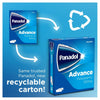 Panadol Advance packaging with recyclable carton feature on a blue background