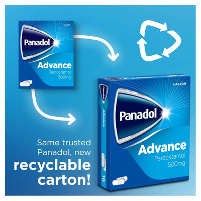 Panadol Advance packaging with recyclable carton feature on a blue background