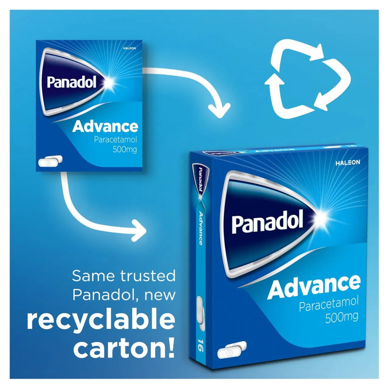 Panadol Advance packaging with recyclable carton feature on a blue background