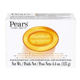 A white rectangular box of Pears Transparent Soap, featuring a golden-yellow oval illustration of the soap bar on the front. The brand name 'Pears' is clearly visible in black text at the top left.