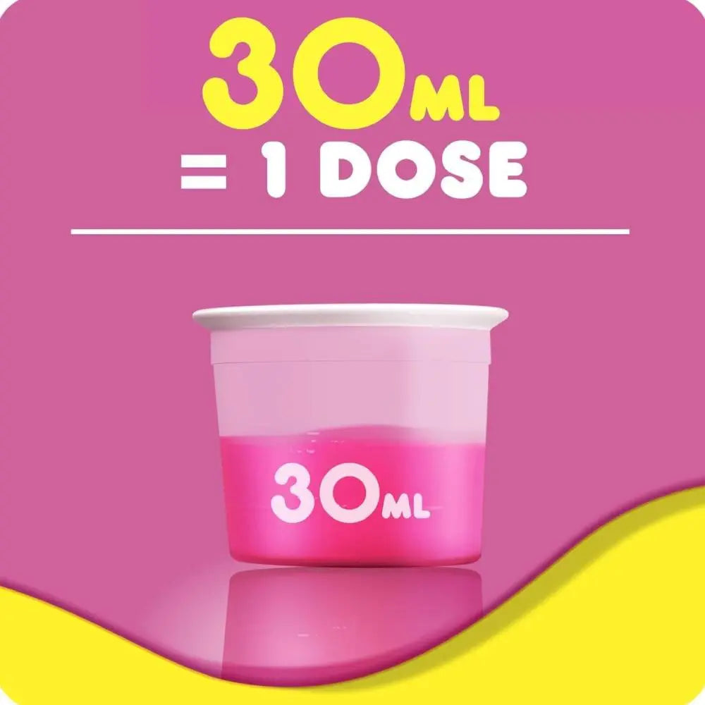 A pink and yellow graphic showing a small translucent cup filled with bright pink liquid, labeled '30ML', with large text above reading '30ML = 1 DOSE'.