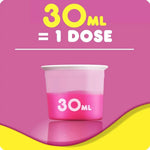 A pink and yellow graphic showing a small translucent cup filled with bright pink liquid, labeled '30ML', with large text above reading '30ML = 1 DOSE'.