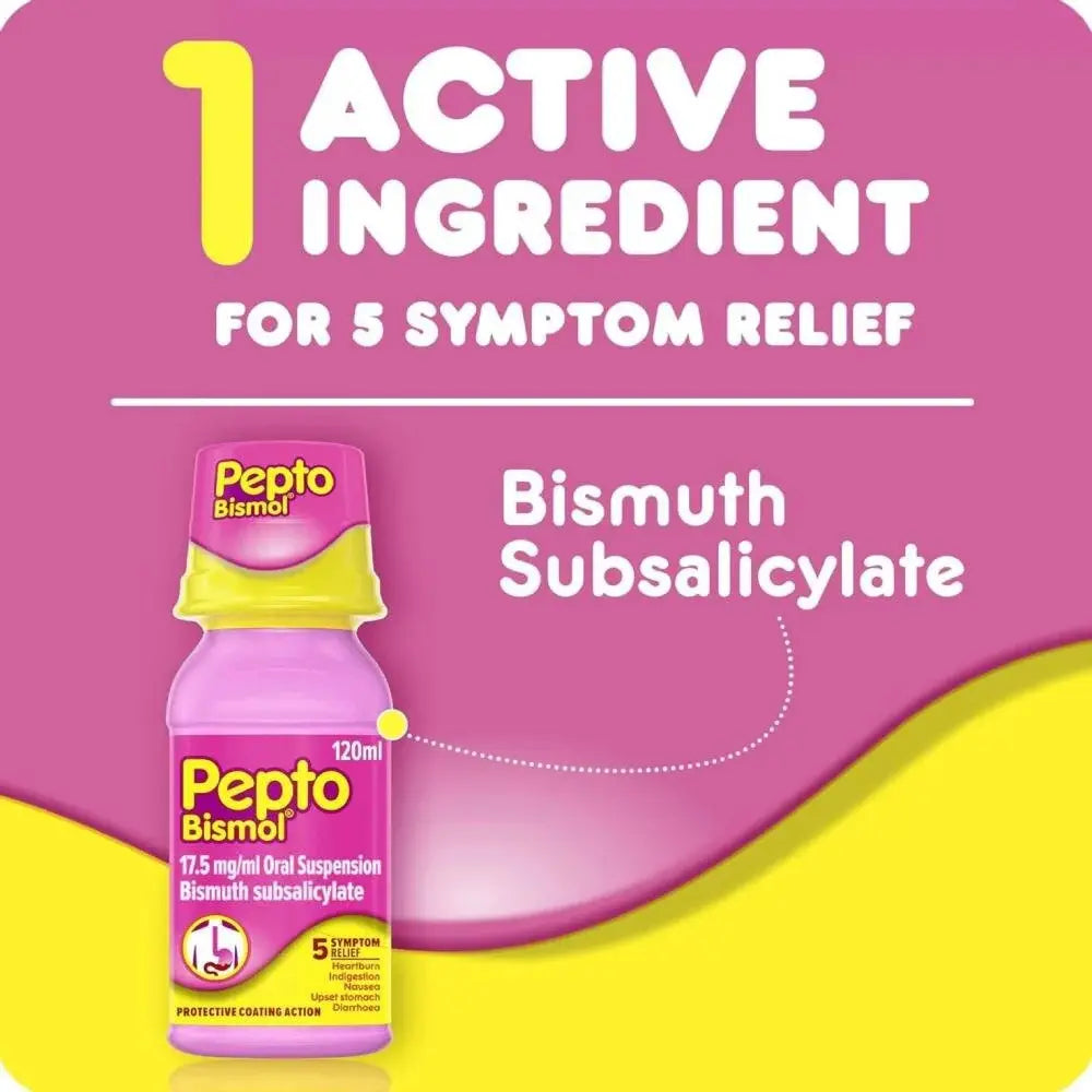 Pepto Bismol oral suspension bottle in pink and yellow packaging, shown against a pink and yellow graphic background with text highlighting '1 ACTIVE INGREDIENT FOR 5 SYMPTOM RELIEF' and 'Bismuth Subsalicylate'.