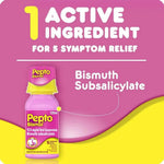 Pepto Bismol oral suspension bottle in pink and yellow packaging, shown against a pink and yellow graphic background with text highlighting '1 ACTIVE INGREDIENT FOR 5 SYMPTOM RELIEF' and 'Bismuth Subsalicylate'.