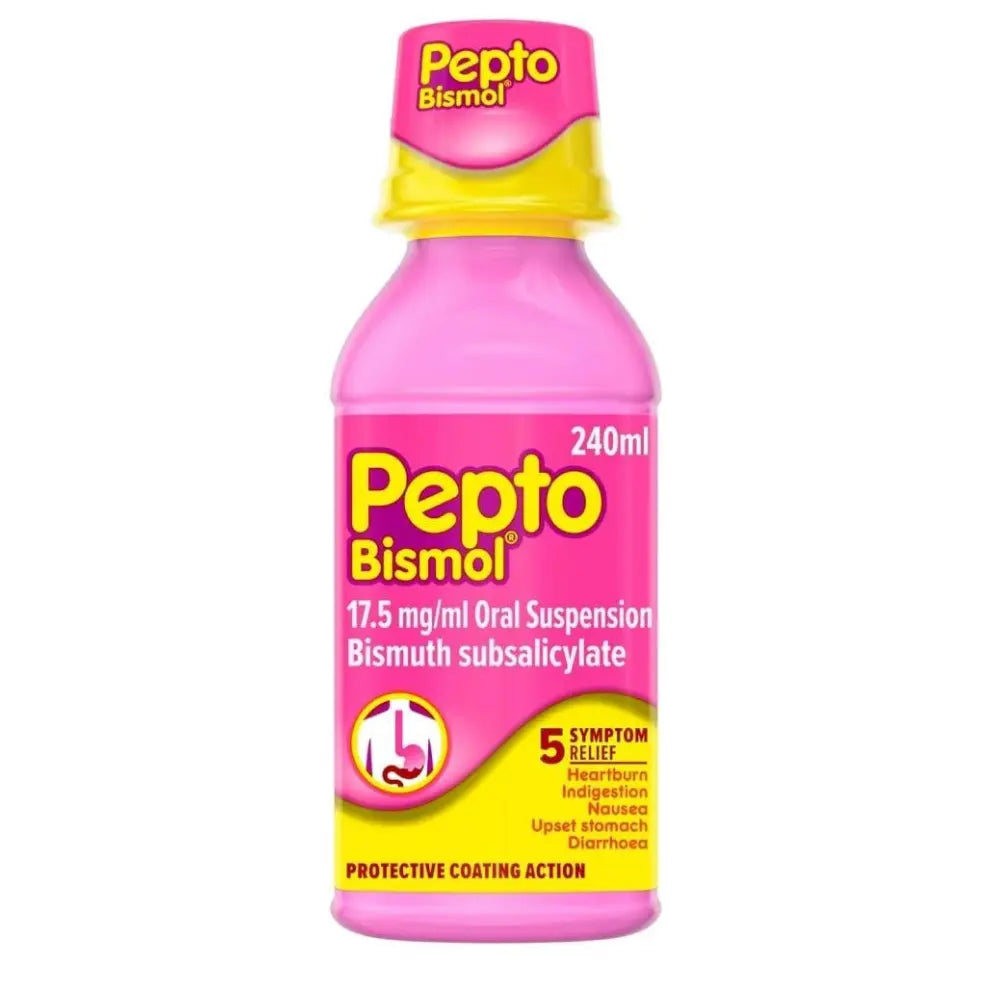 A bottle of Pepto Bismol 17.5 mg/ml Oral Suspension, 240ml, featuring a bright pink bottle, yellow cap, and a pink and yellow label with white text.