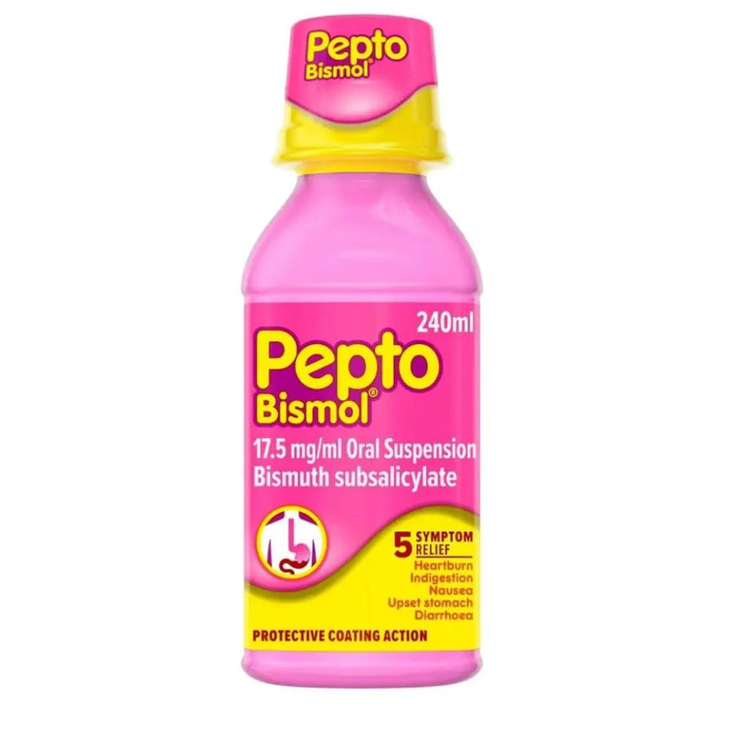 A bottle of Pepto Bismol 17.5 mg/ml Oral Suspension, 240ml, featuring a bright pink bottle, yellow cap, and a pink and yellow label with white text.