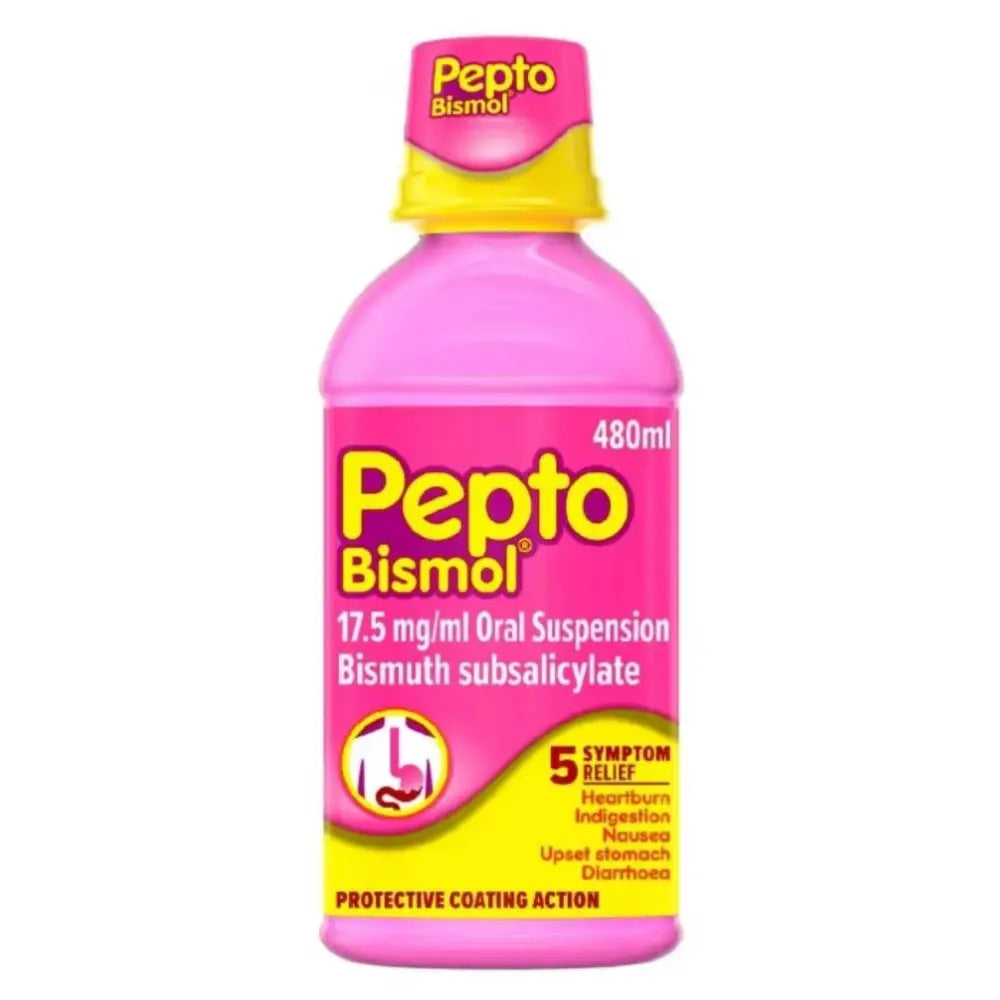 A bottle of Pepto Bismol 17.5 mg/ml Oral Suspension, 480ml, featuring a bright pink bottle with a yellow cap and a pink and yellow label.