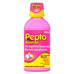 A bottle of Pepto Bismol 17.5 mg/ml Oral Suspension, 480ml, featuring a bright pink bottle with a yellow cap and a pink and yellow label.