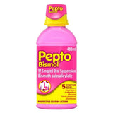 A bottle of Pepto Bismol 17.5 mg/ml Oral Suspension, 480ml, featuring a bright pink bottle with a yellow cap and a pink and yellow label.