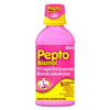A bottle of Pepto Bismol 17.5 mg/ml Oral Suspension, 480ml, featuring a bright pink bottle with a yellow cap and a pink and yellow label.