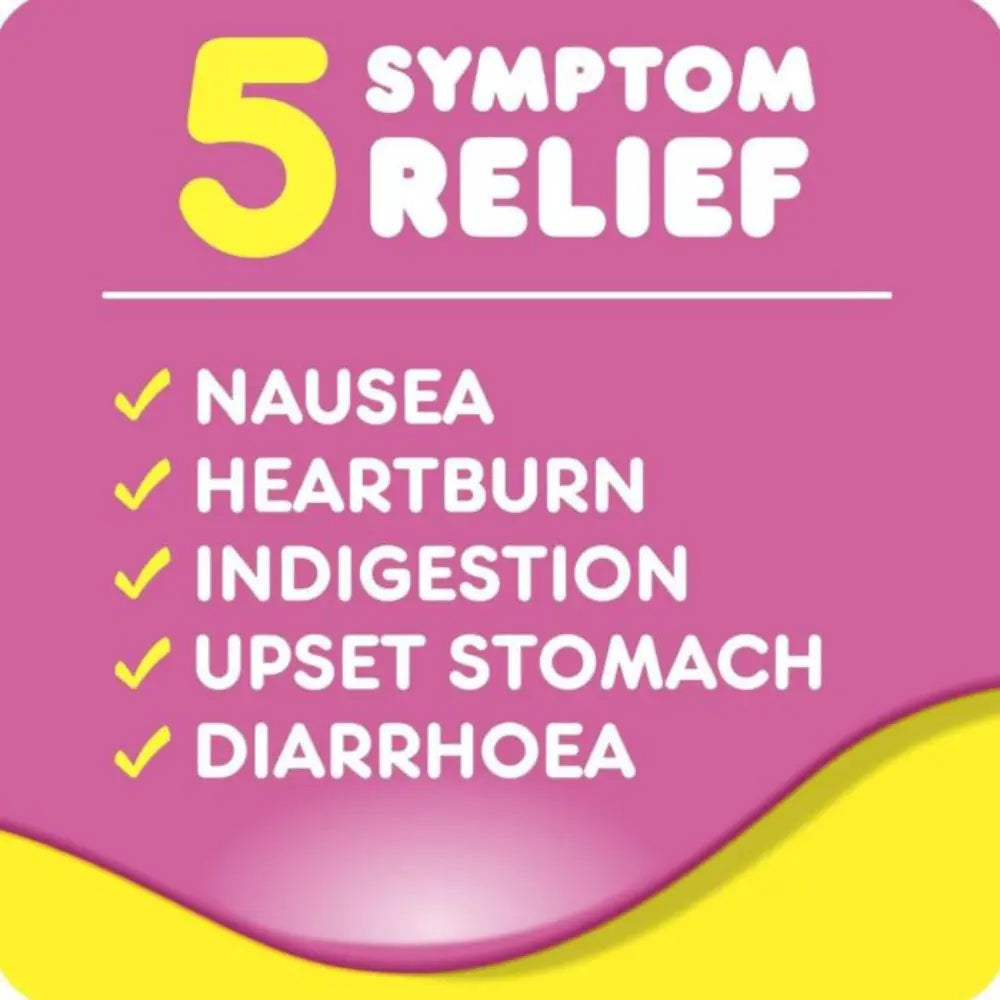 A digital graphic with a pink and yellow background featuring the text '5 SYMPTOM RELIEF' and a checklist of symptoms: nausea, heartburn, indigestion, upset stomach, and diarrhea.