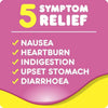 A digital graphic with a pink and yellow background featuring the text '5 SYMPTOM RELIEF' and a checklist of symptoms: nausea, heartburn, indigestion, upset stomach, and diarrhea.