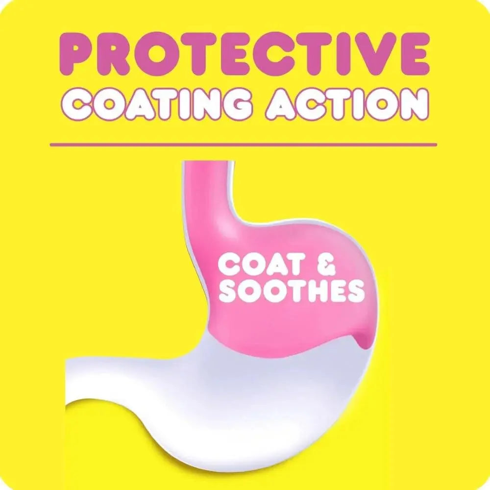 A bright yellow square graphic with the words 'PROTECTIVE COATING ACTION' at the top and a stylized pink-and-white stomach illustration in the center reading 'COAT & SOOTHES'.