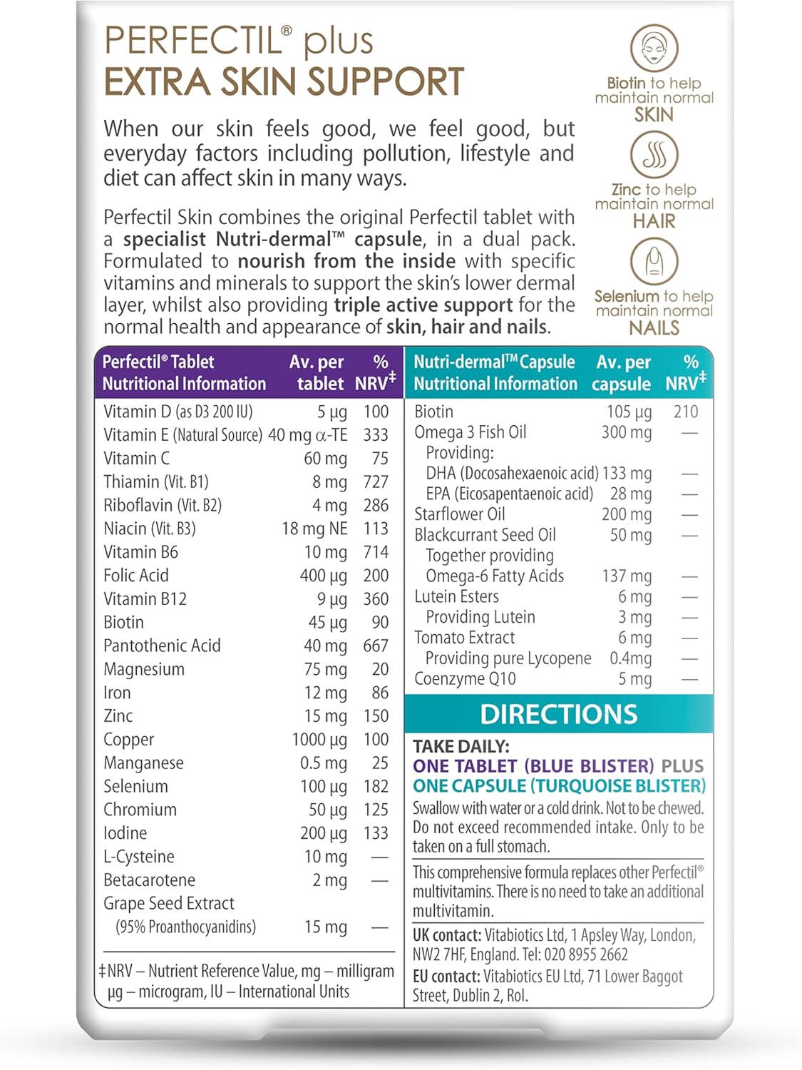 Supplement package with Perfectil branding and nutritional information on a white background