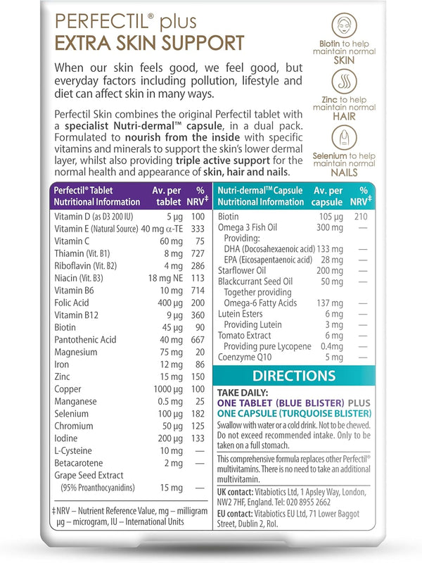 Supplement package with Perfectil branding and nutritional information on a white background