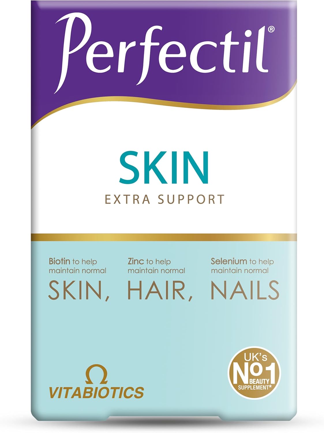 Perfectil Skin Extra Support supplement package with Vitabiotics branding on a white background