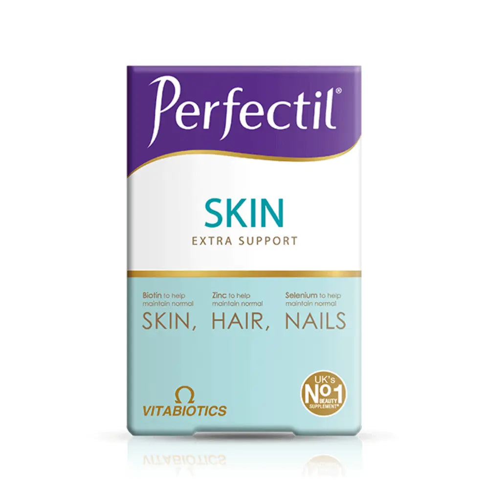 A box of Perfectil Skin Extra Support vitamins by Vitabiotics, featuring a purple, white, and light blue color scheme with gold accents.