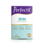 A box of Perfectil Skin Extra Support vitamins by Vitabiotics, featuring a purple, white, and light blue color scheme with gold accents.