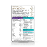 The back of a PERFECTI plus EXTRA SKIN SUPPORT hair care bottle, showing product information, ingredients, directions, and icons on a white background with a soft reflection.
