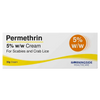 Permethrin 5% w/w cream packaging for scabies and crab lice by Morningside Healthcare on a white background.
