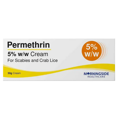 Permethrin 5% w/w cream packaging for scabies and crab lice by Morningside Healthcare on a white background.