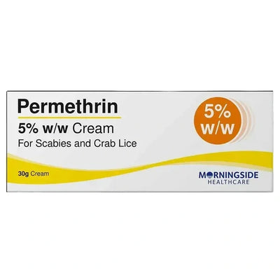 Permethrin 5% w/w cream packaging for scabies and crab lice by Morningside Healthcare on a white background.