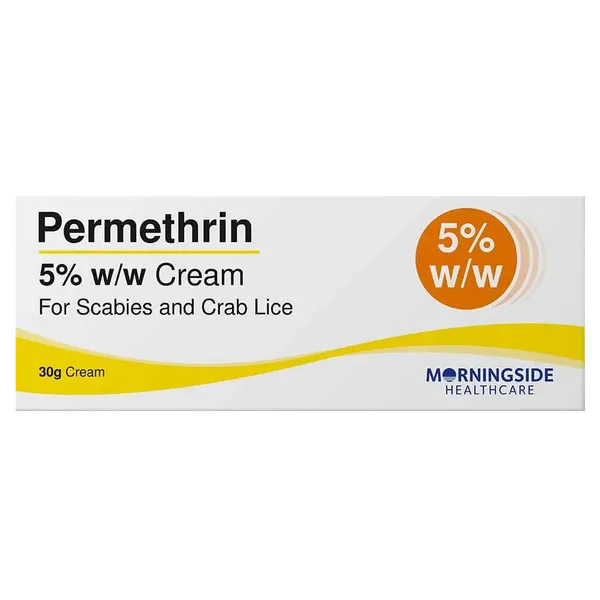 Permethrin 5% w/w cream packaging for scabies and crab lice by Morningside Healthcare on a white background.