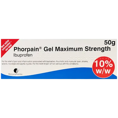 Phorpain Gel Maximum Strength packaging with text and branding on a white background