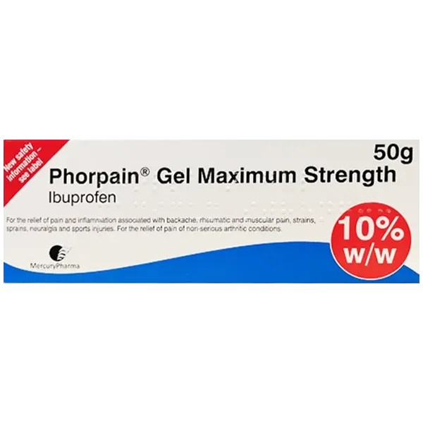 Phorpain Gel Maximum Strength packaging with text and branding on a white background
