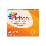 Piriton 4mg chlorphenamine allergy tablets 30 pack for fast relief from hay fever and skin allergies.
