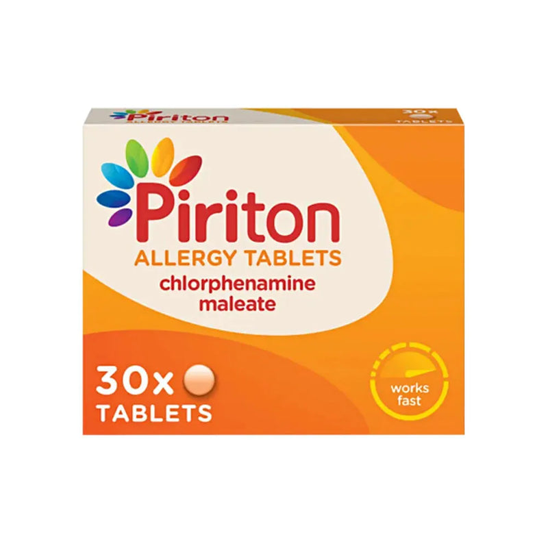 Piriton 4mg chlorphenamine allergy tablets 30 pack for fast relief from hay fever and skin allergies.