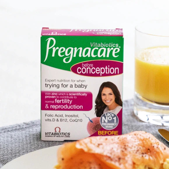 Pregnacare Conception pack showing 30 tablets, designed to support women's fertility health.