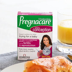 Pregnacare Conception pack showing 30 tablets, designed to support women's fertility health.