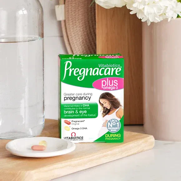 Pregnacare Plus product image featuring tablets and packaging for prenatal care