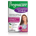 Packaging of Vitabiotics Pregnacare Conception Max with a smiling woman on the front, highlighting advanced nutrition for fertility and reproduction.