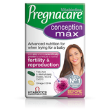 Packaging of Vitabiotics Pregnacare Conception Max with a smiling woman on the front, highlighting advanced nutrition for fertility and reproduction.