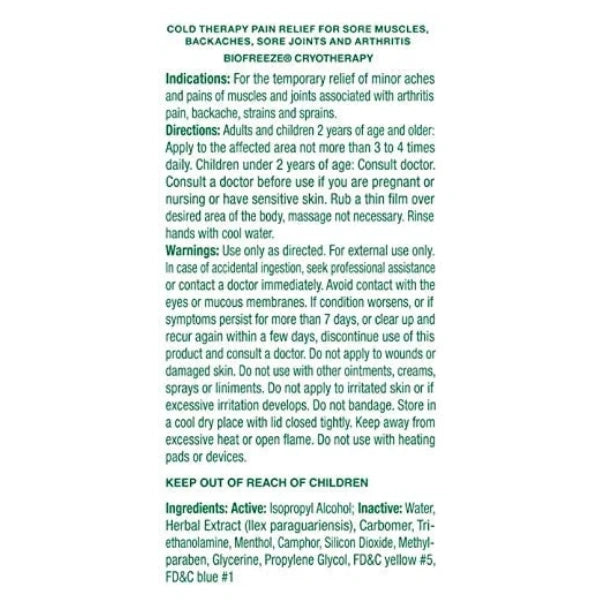 Product label for Biofreeze Cryotherapy with text on a white background