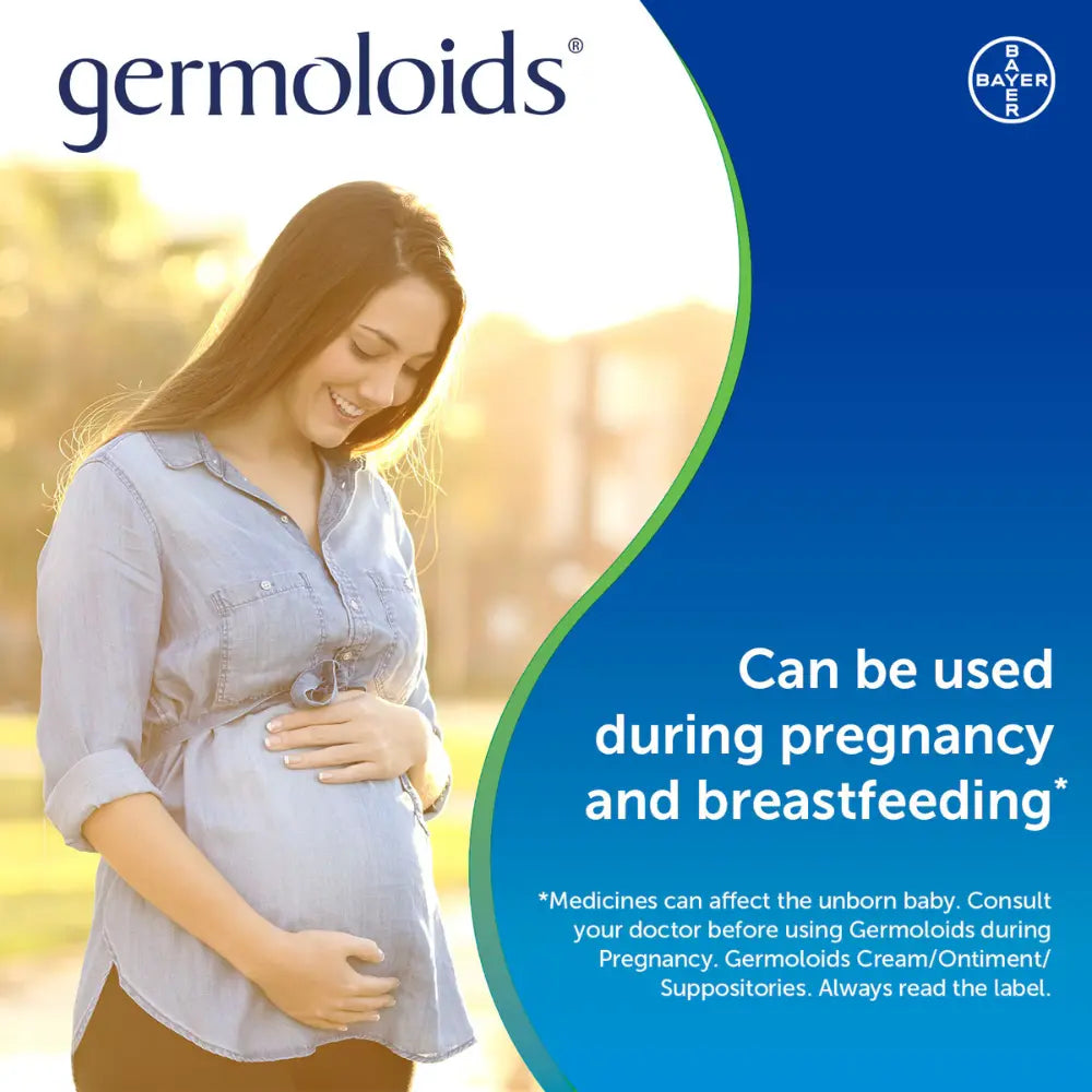 Promotional graphic for GERMOLOIDs by Bayer, featuring a smiling pregnant woman in a light blue shirt standing outdoors with her hands on her belly. The right side has a blue background with white text stating it can be used during pregnancy and breastfeeding, plus the GERMOLOIDs logo and Bayer logo at the top.