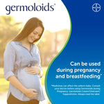 Promotional graphic for GERMOLOIDs by Bayer, featuring a smiling pregnant woman in a light blue shirt standing outdoors with her hands on her belly. The right side has a blue background with white text stating it can be used during pregnancy and breastfeeding, plus the GERMOLOIDs logo and Bayer logo at the top.