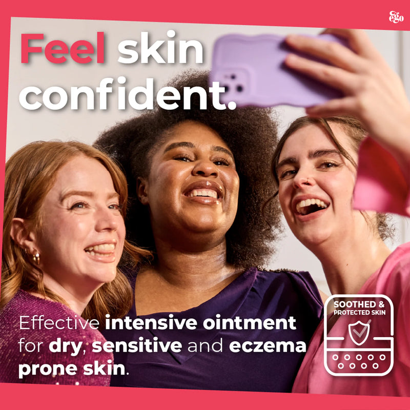 Advertisement for a skin care product with three women taking a selfie against a pink background.