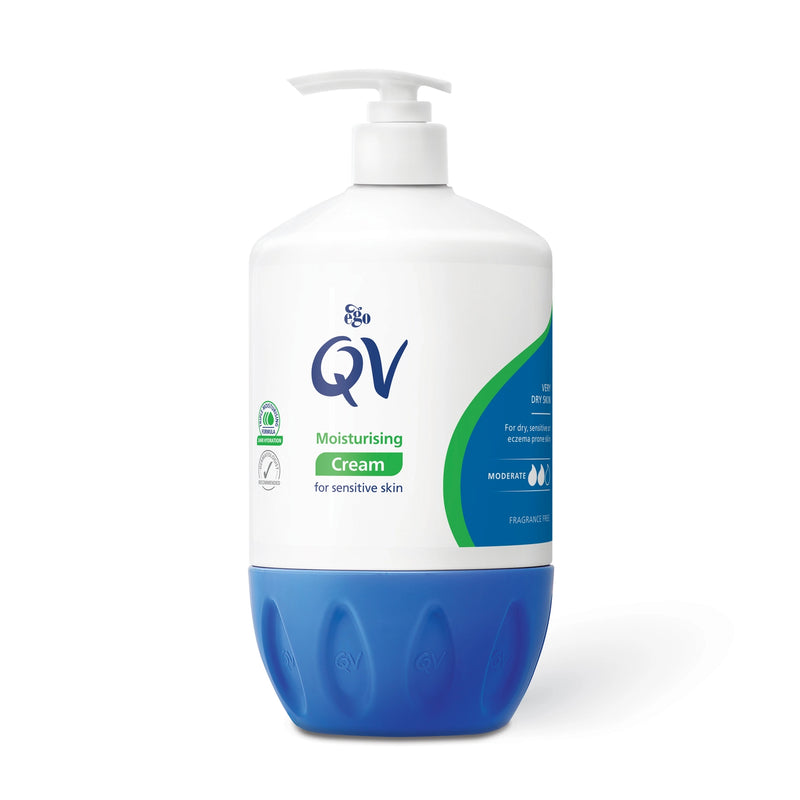 QV moisturising cream bottle with pump on a white background