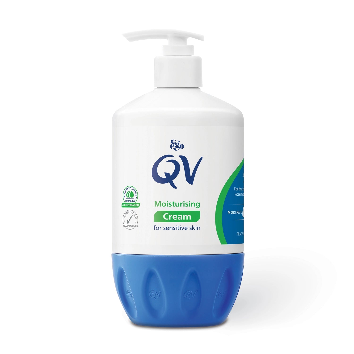 QV moisturising cream bottle with pump on a white background