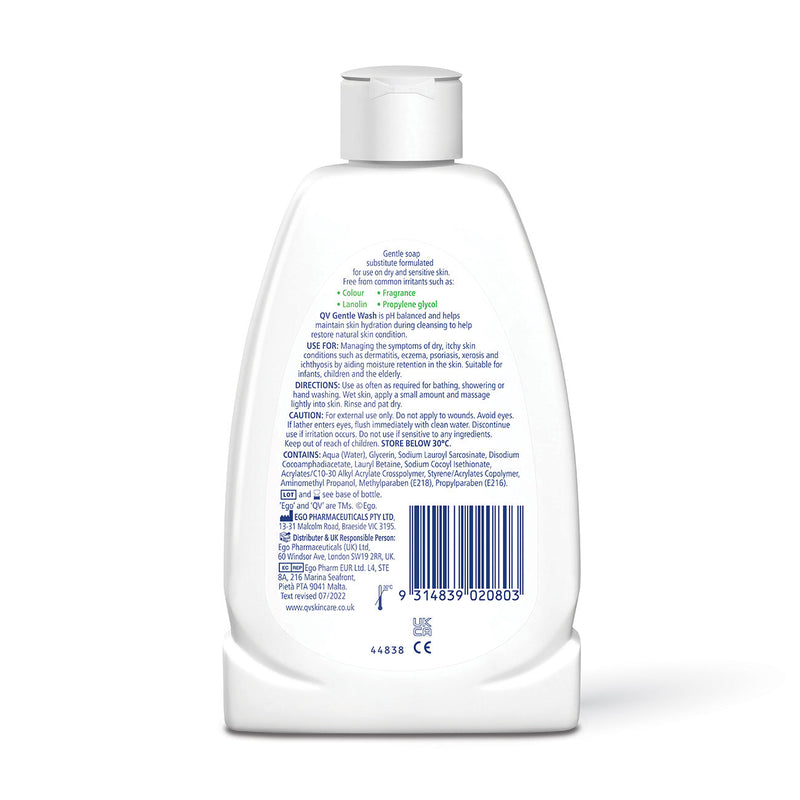 Back view of a QV Gentle Wash with text and a barcode on a white background