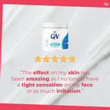 QV Intensive Ointment container with five-star rating and customer testimonial on a white and pink background