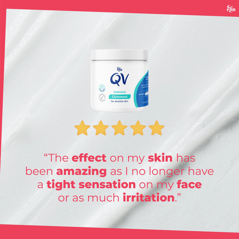 QV Intensive Ointment container with five-star rating and customer testimonial on a white and pink background