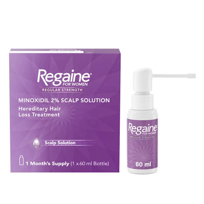 Regaine For Women Minoxidil 2% Scalp Solution shown with its purple retail box and a 60 ml spray bottle on a white background.