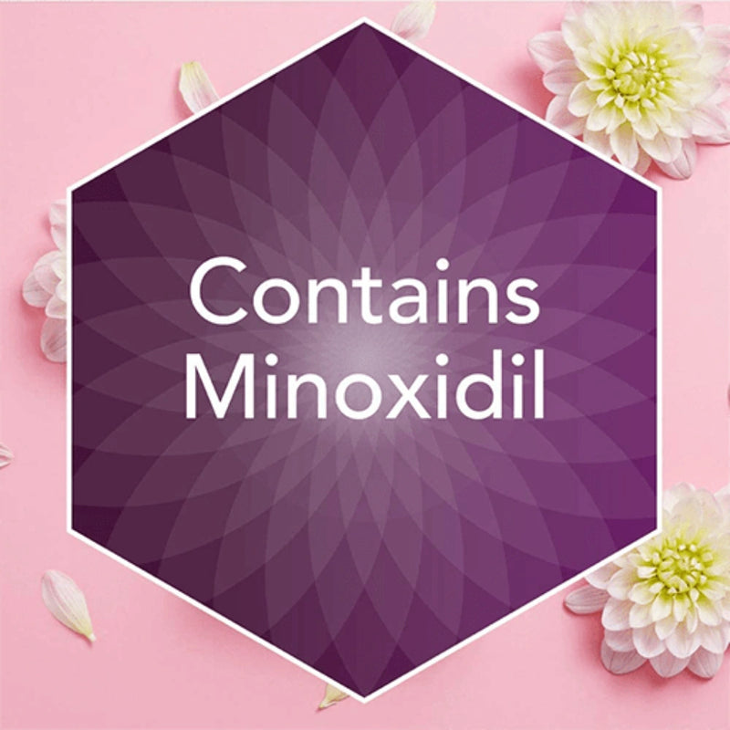 A purple hexagonal badge on a pink background with white flowers and petals, containing the text 'Contains Minoxidil' in white.