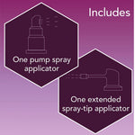 Purple promotional graphic with the word 'Includes' and two hexagonal callouts showing included spray applicators: one pump spray applicator and one extended spray-tip applicator.