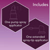 Purple promotional graphic with the word 'Includes' and two hexagonal callouts showing included spray applicators: one pump spray applicator and one extended spray-tip applicator.