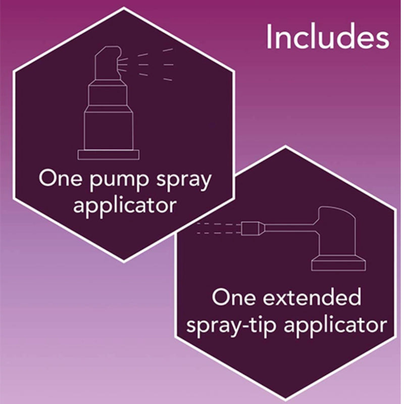 Purple promotional graphic with the word 'Includes' and two hexagonal callouts showing included spray applicators: one pump spray applicator and one extended spray-tip applicator.